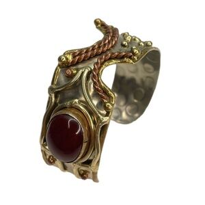 Mixed Metal Brutalist Style Cuff Bracelet With Stone